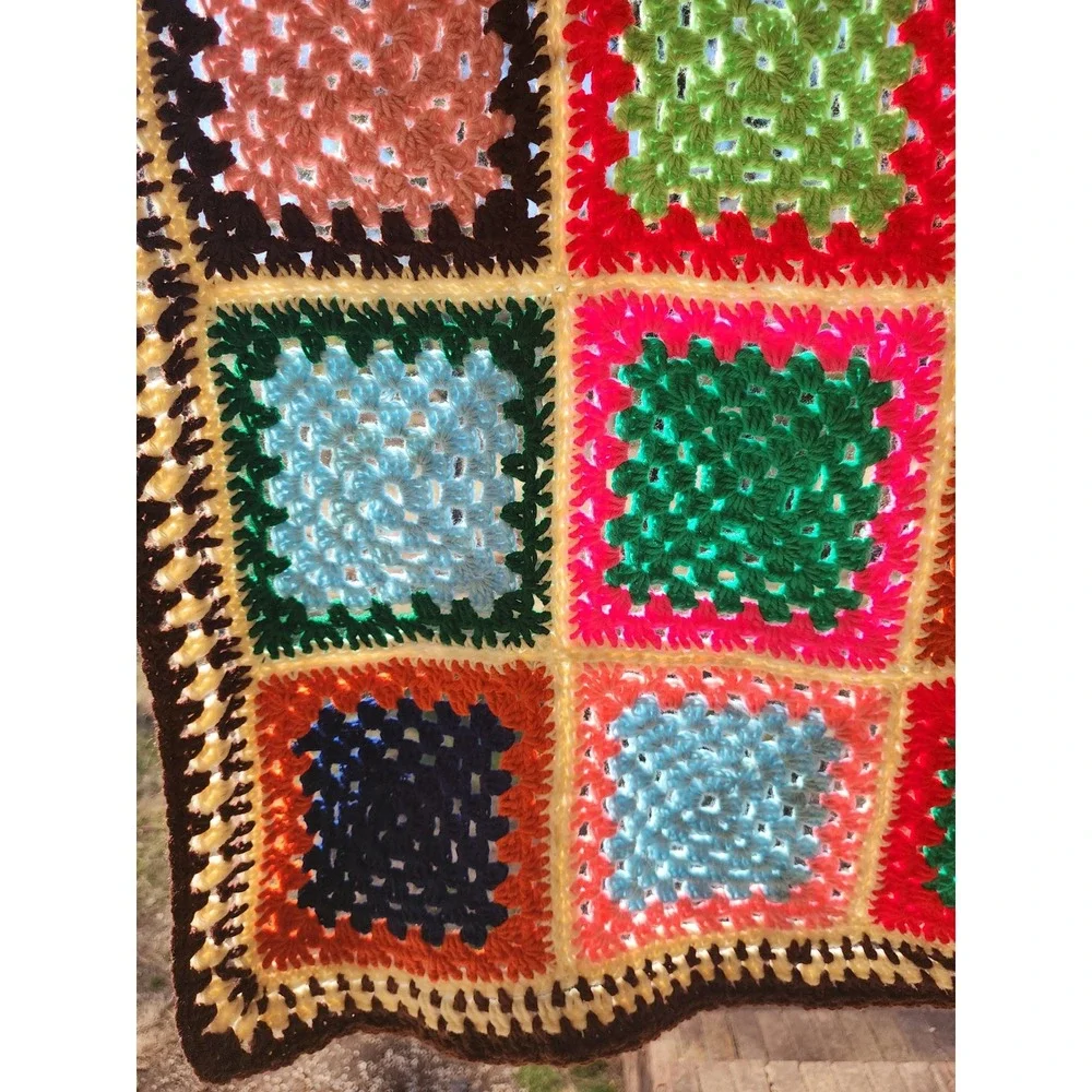 Handmade Vintage Style Crochet Granny Square Blanket Multi-Color Boho Throw